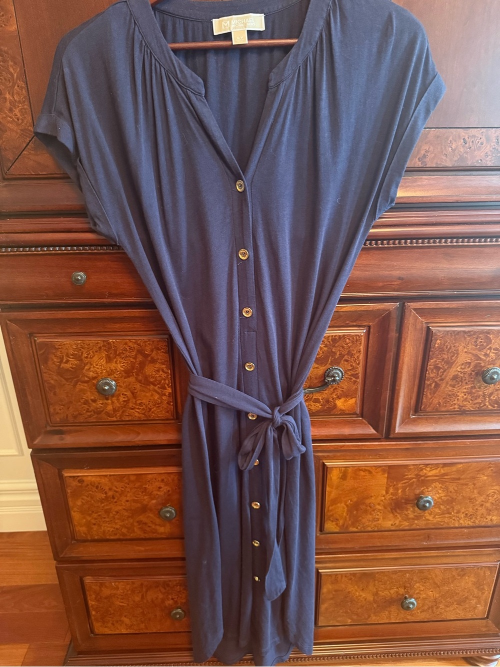 Michael Kors Navy Button-Down Tie-Waist Midi Dress